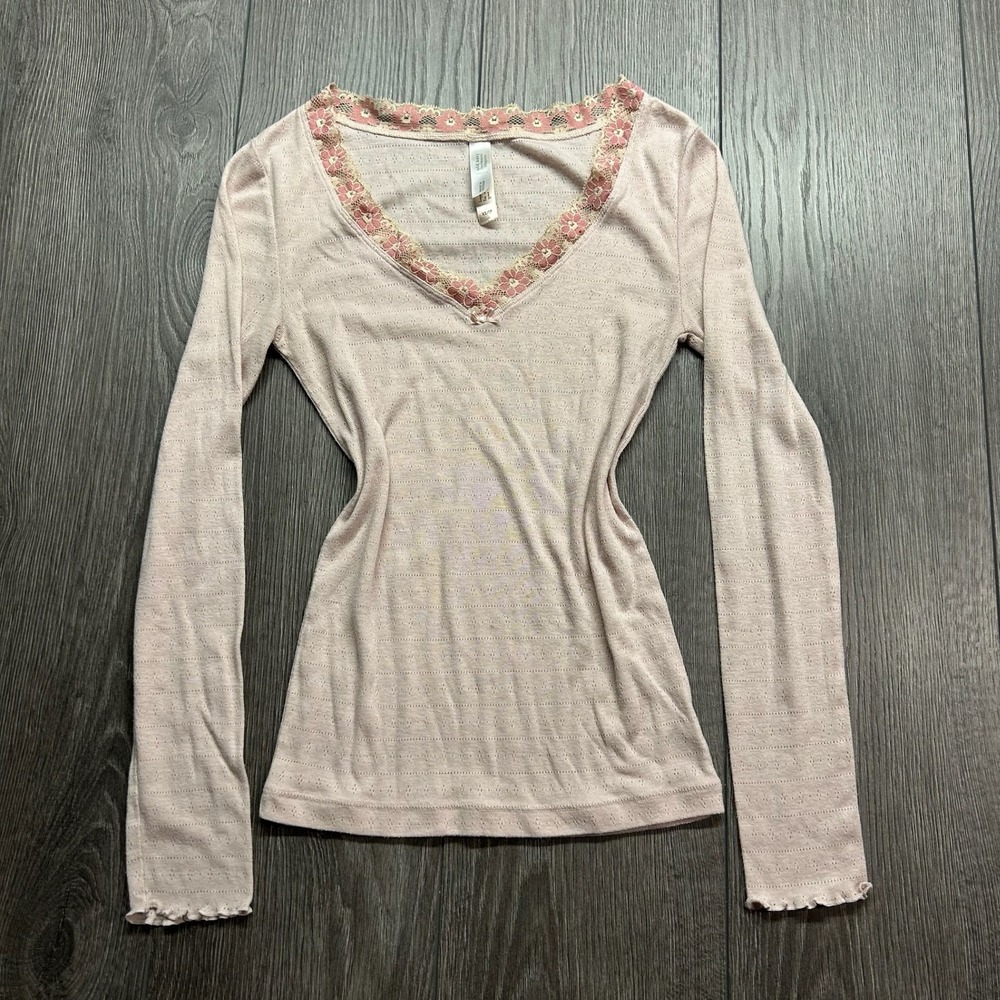 Old Navy Intimates Pink Pointelle Lace Trim Long Sleeve Top Y2K XS